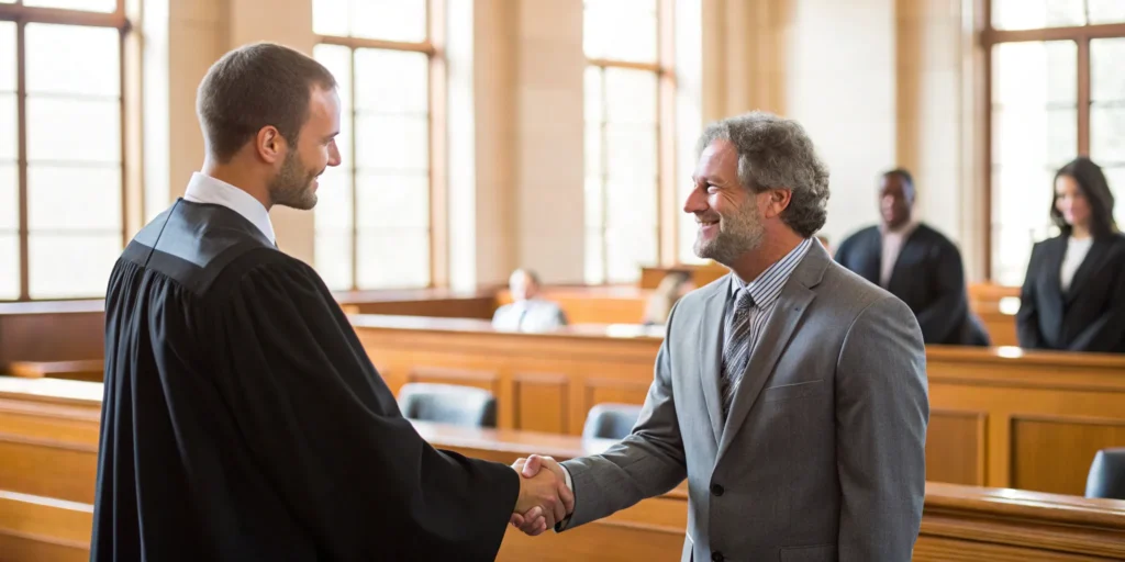 Traffic ticket lawyer shaking a client's hand.