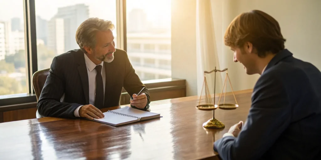 Choosing a criminal lawyer: Attorney and client discuss legal strategy.
