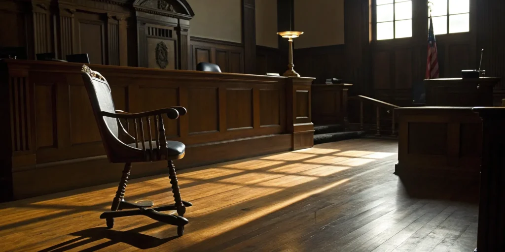 Empty courtroom. Judge's bench. Need a lawyer for arraignment.