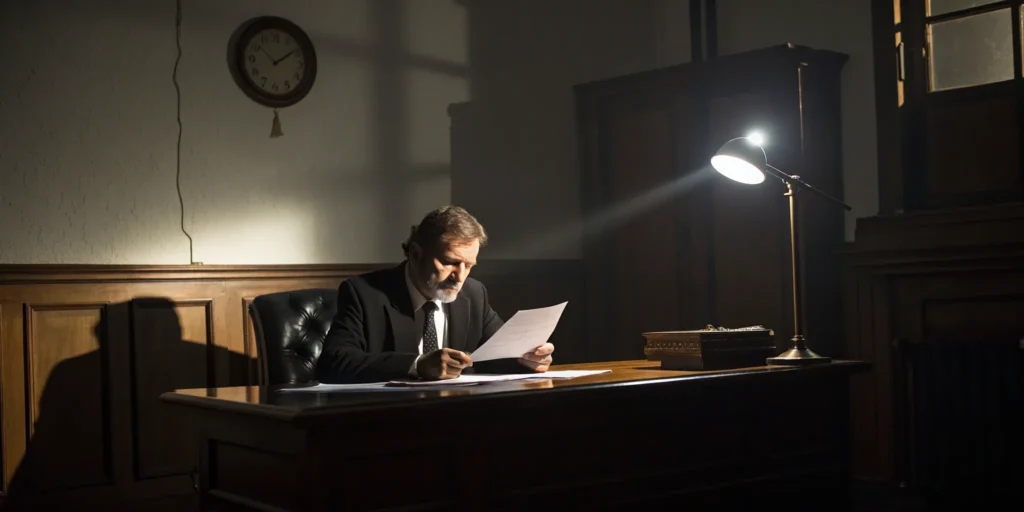 Assault lawyer reviews case files.
