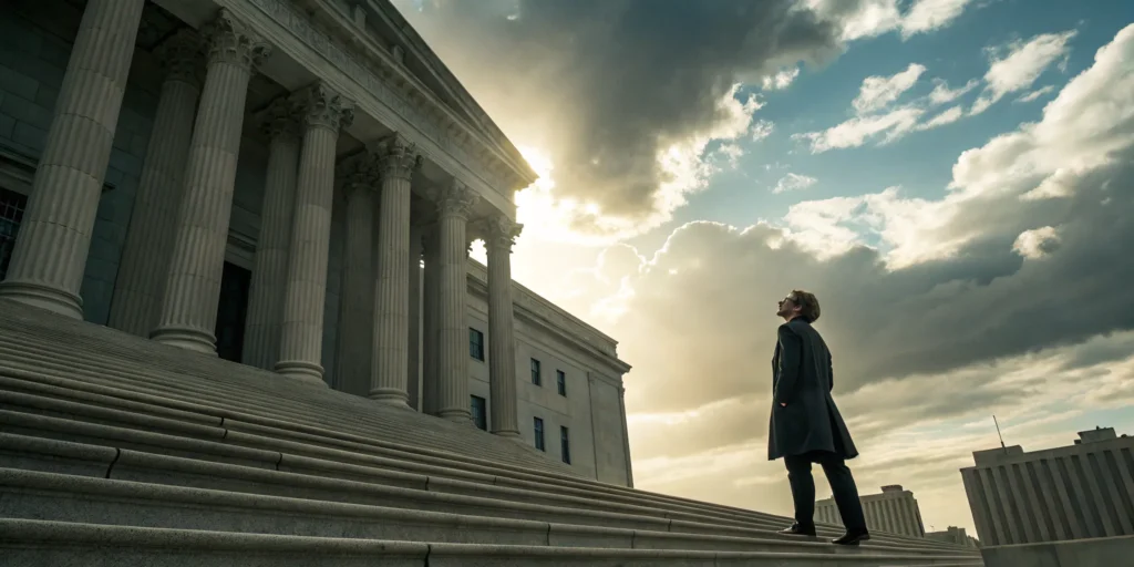 Florida lawyer stands before courthouse steps.
