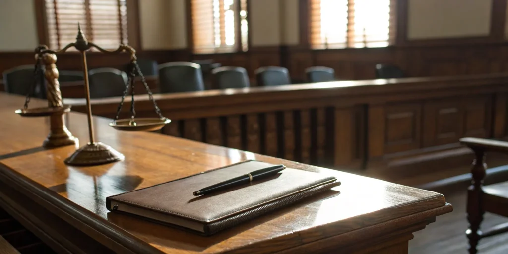 Scales of justice, notebook, and pen on desk.