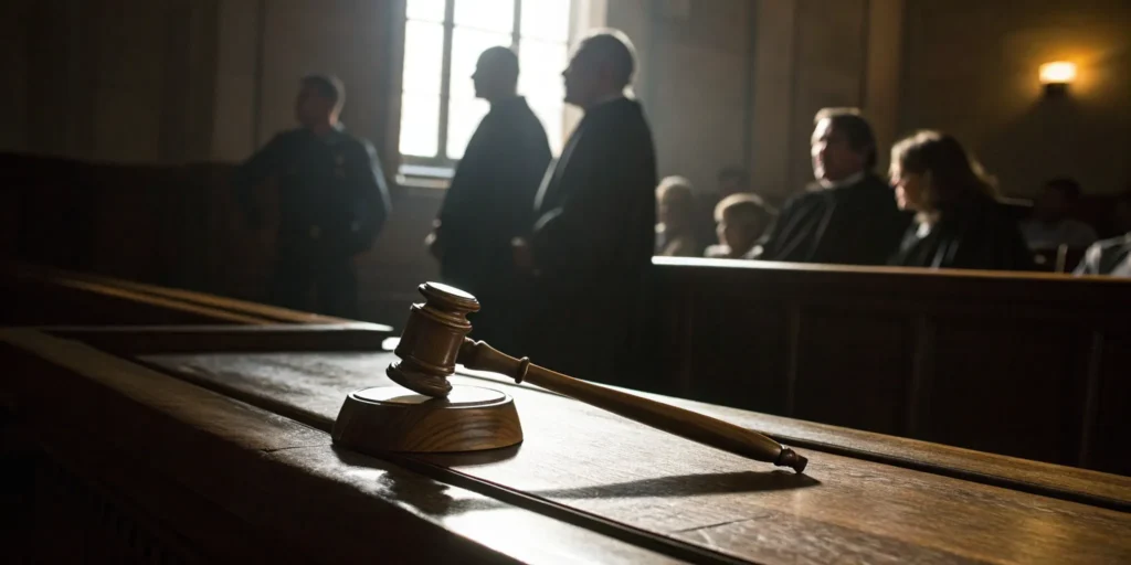 Arraignment lawyer advising client in court.