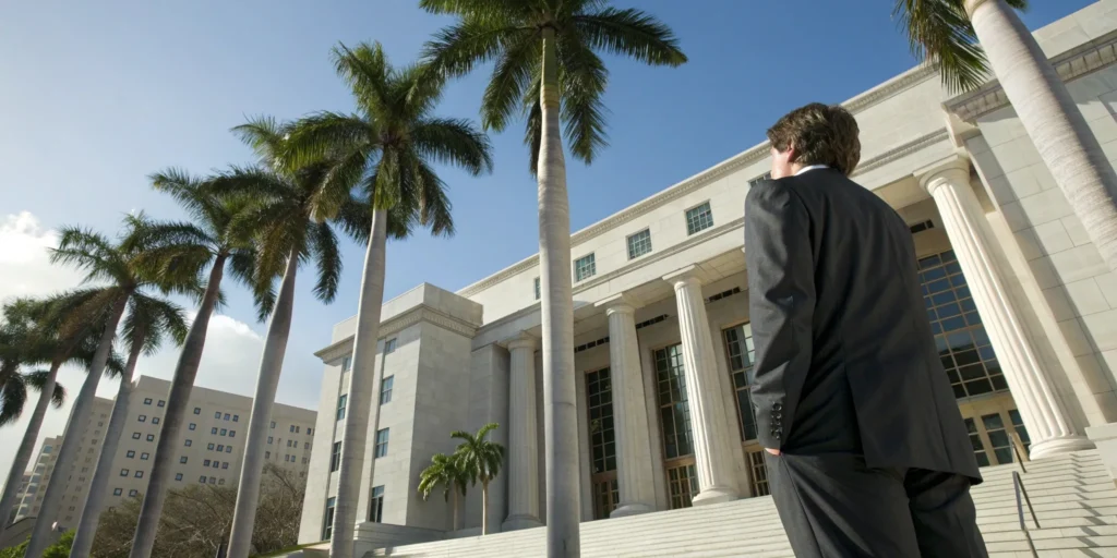 Miami criminal attorney in suit outside courthouse.