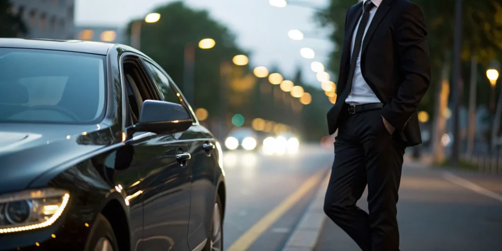 Traffic lawyer advising client near car.