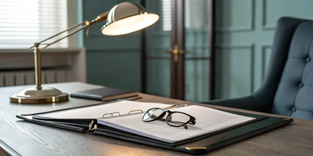 Federal criminal lawyer's desk with legal documents and eyeglasses.