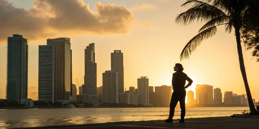 Man overlooking the Miami skyline while finding a top criminal defense attorney.
