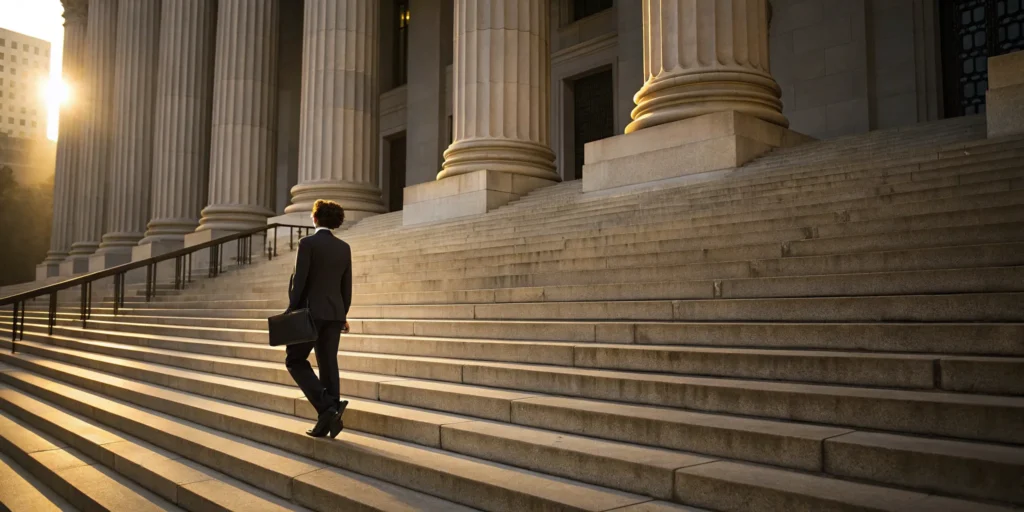 Best criminal defense attorney in South Florida walking up courthouse steps.
