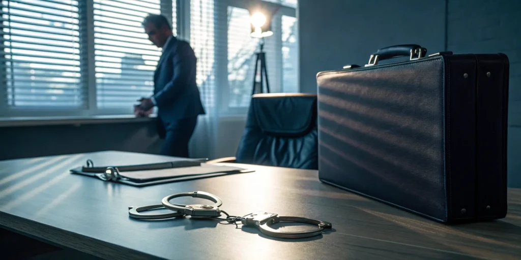 A Boca Raton white collar crime lawyer's desk with handcuffs, a briefcase, and legal documents.
