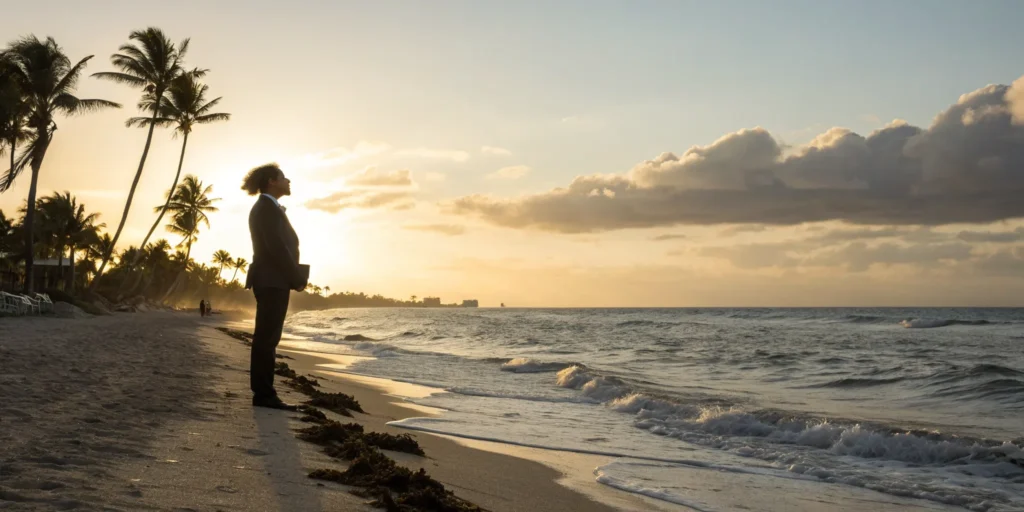 A Miami drug crime attorney in a suit on the beach, offering legal defense.