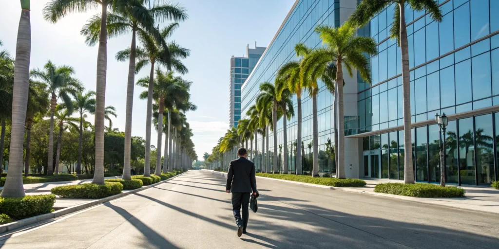 A man seeking a Miami criminal defense attorney outside an office building.
