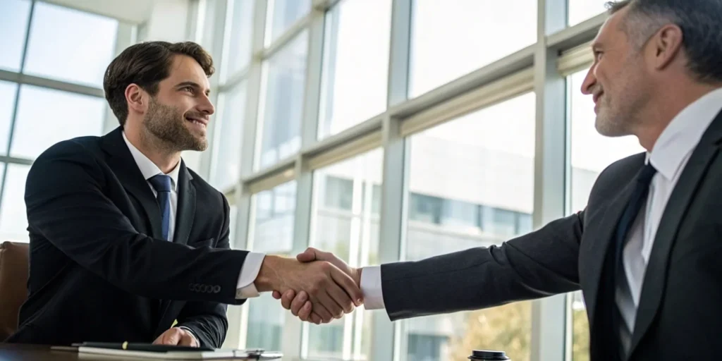 A client shakes hands with his chosen Miami defense attorney in an office.