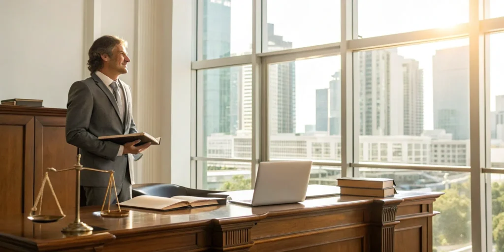 Attorney at a top Miami criminal law firm reviewing case details in his office.