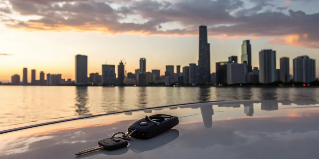 Car keys and the Miami skyline, a guide for drivers with a suspended license in Miami.