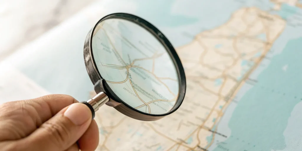 Spotting mortgage fraud in Miami with a magnifying glass over a map.