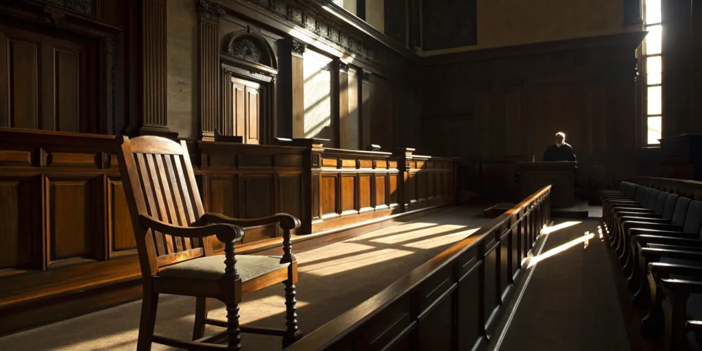 A courtroom prepared for a trial by an international criminal defense attorney.