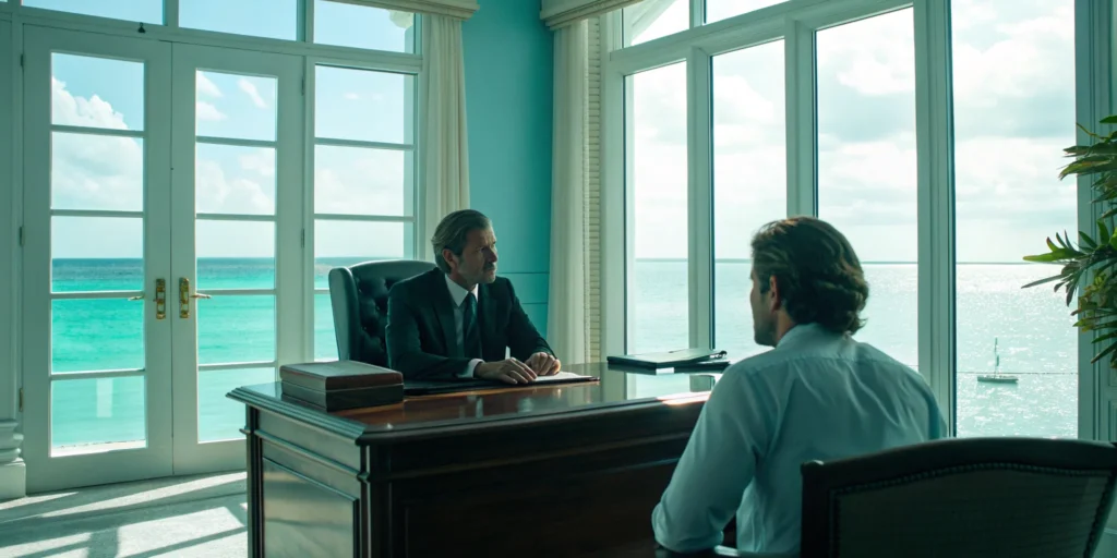 A Miami child abuse defense attorney meets with a client in a law office.