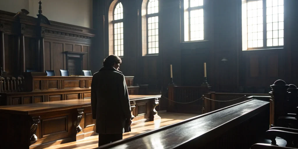 A person in a sunlit courtroom in West Palm Beach seeking a drug crime lawyer.