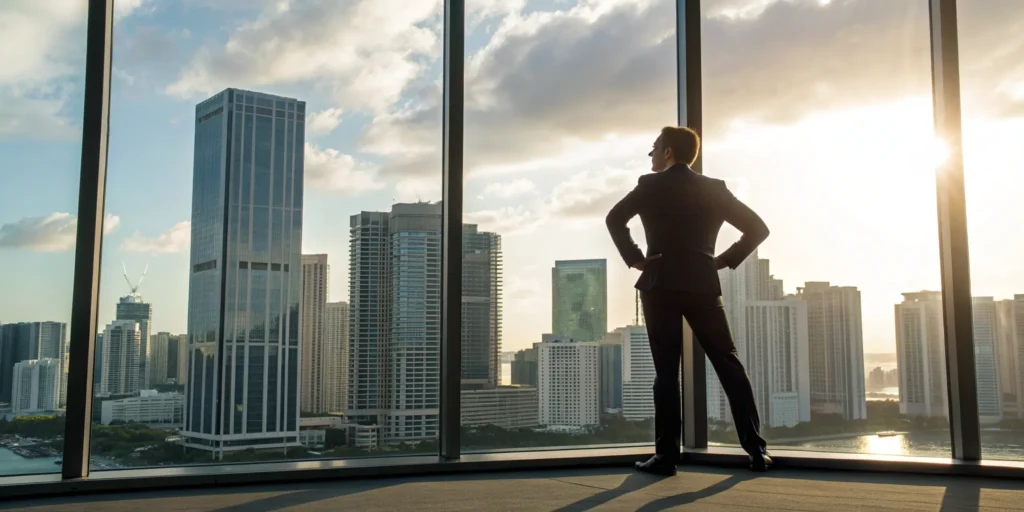 A drug trafficking attorney in a suit looks out over the Miami-Dade skyline.