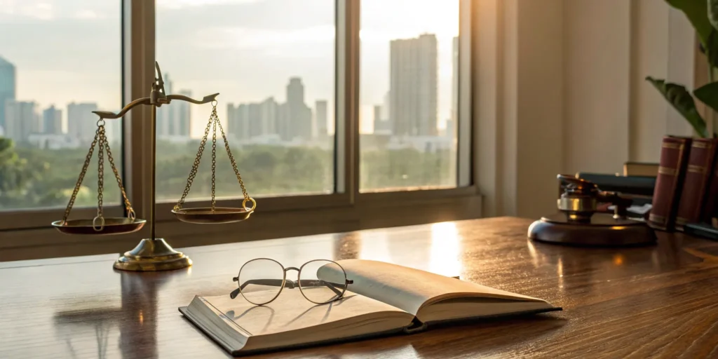 A Miami criminal attorney's desk with scales of justice and law books.