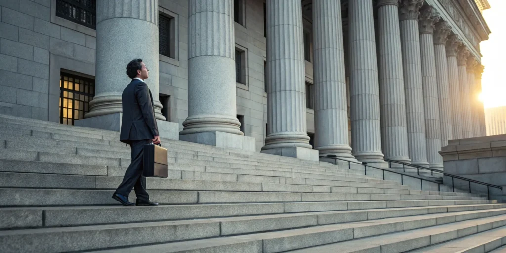 A Miami criminal attorney with a briefcase walking up the steps of a courthouse.
