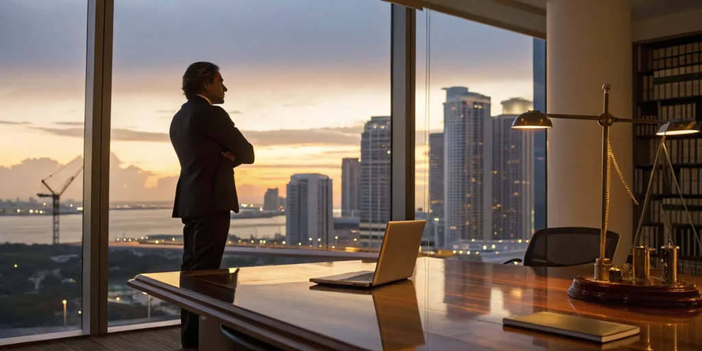 An experienced Miami Dade criminal defense attorney in an office overlooking the city.