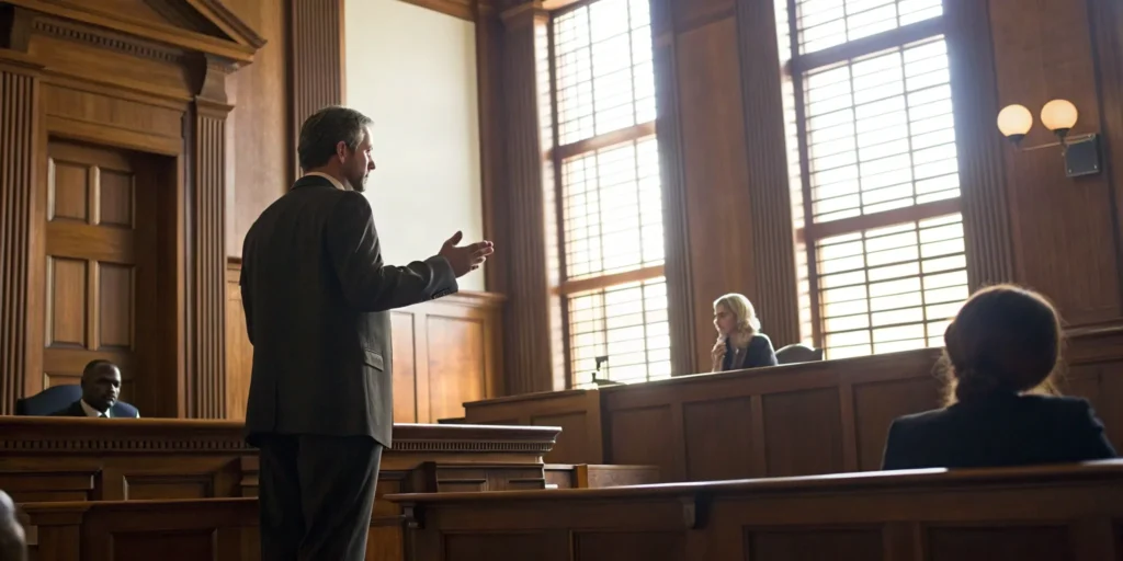 A South Florida federal crimes attorney representing a client in a courtroom.