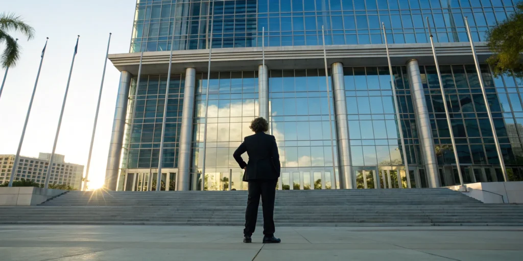 Miami criminal lawyer in a suit standing in front of a courthouse.