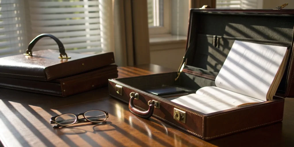 Briefcase and notebook on the desk of a Miami criminal defense attorney.
