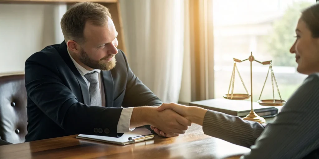 Dade criminal attorney shaking hands with a client in a law office.