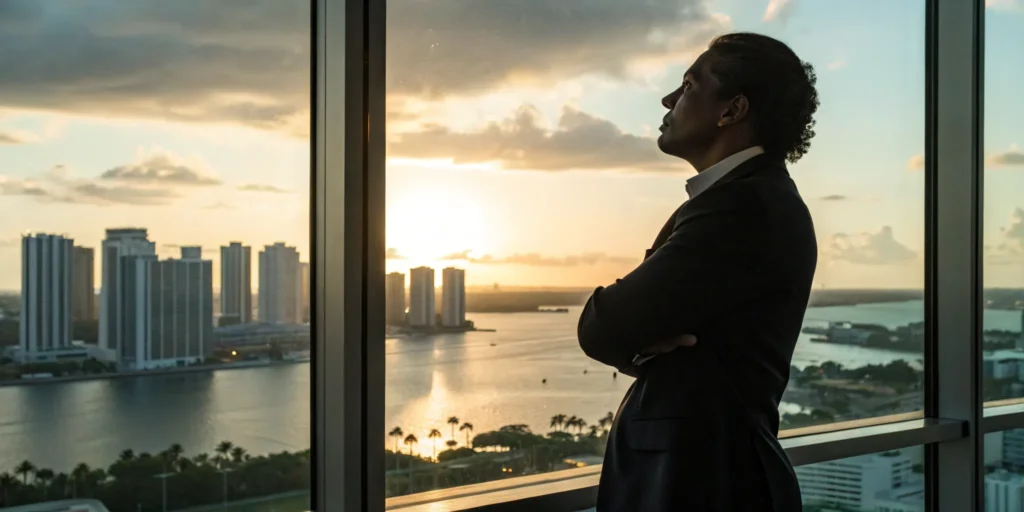 A Miami Beach assault defense lawyer in his office considering a case.