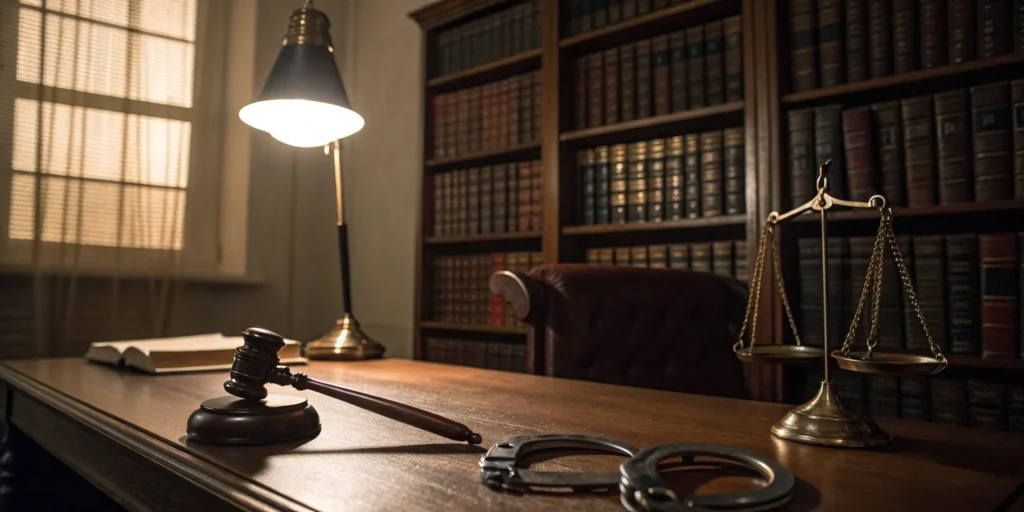 Desk of a Miami money laundering attorney with a gavel, handcuffs, and scales of justice.