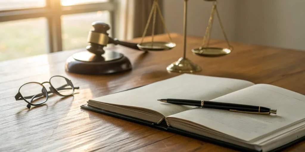 Aventura fraud lawyer's desk with a gavel, law book, and scales of justice.