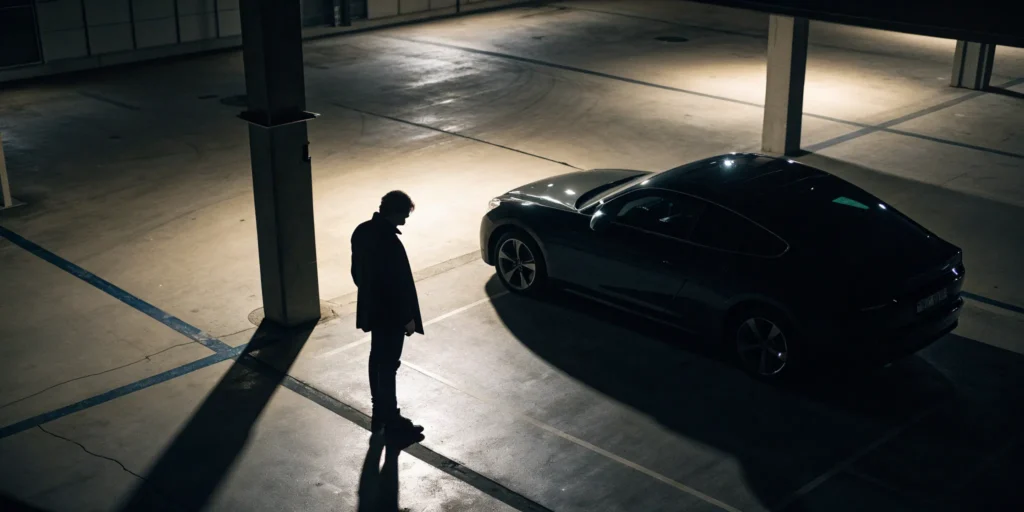 A Miami grand theft auto lawyer plans a defense for a client in a parking garage.