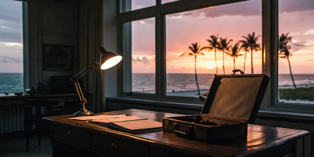 A Miami Beach criminal lawyer's desk with legal documents overlooking the ocean.