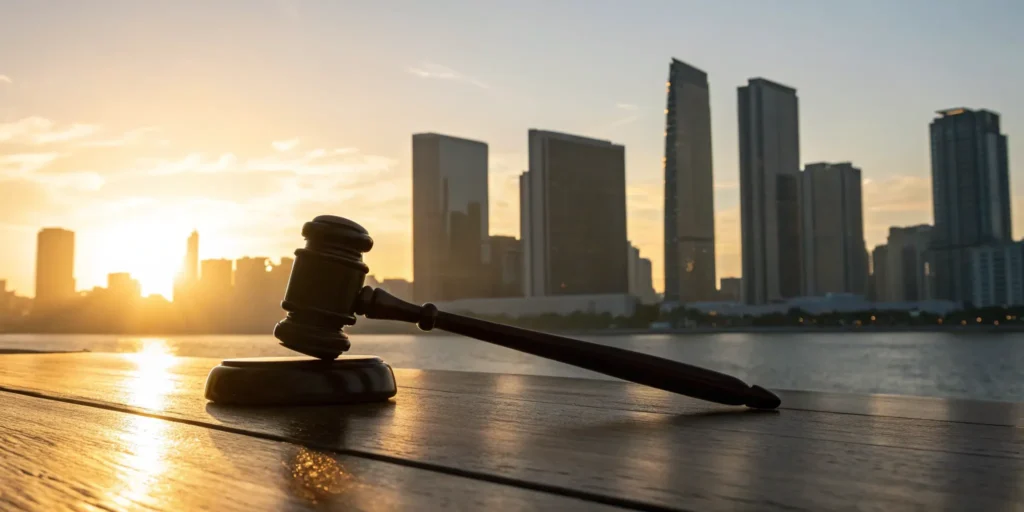 A legal gavel before the Miami skyline, representing the defense provided by a Miami robbery attorney.