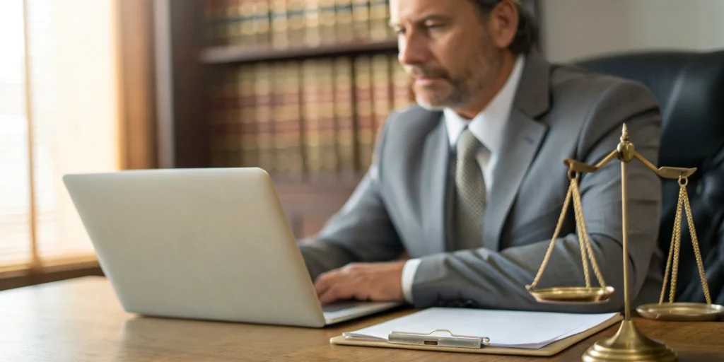 A top-rated Miami defense attorney reviewing a case at his desk in a professional law office.