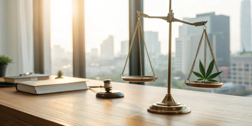 A Miami medical marijuana attorney's desk with scales of justice, a cannabis leaf, and a gavel.