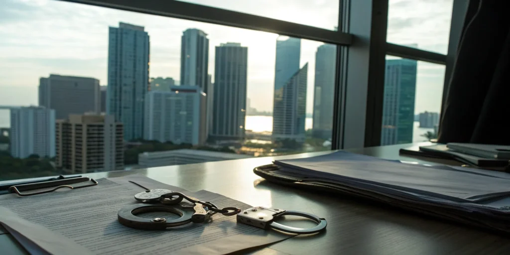 A Miami drug trafficking attorney's desk with handcuffs and legal documents overlooking the city.