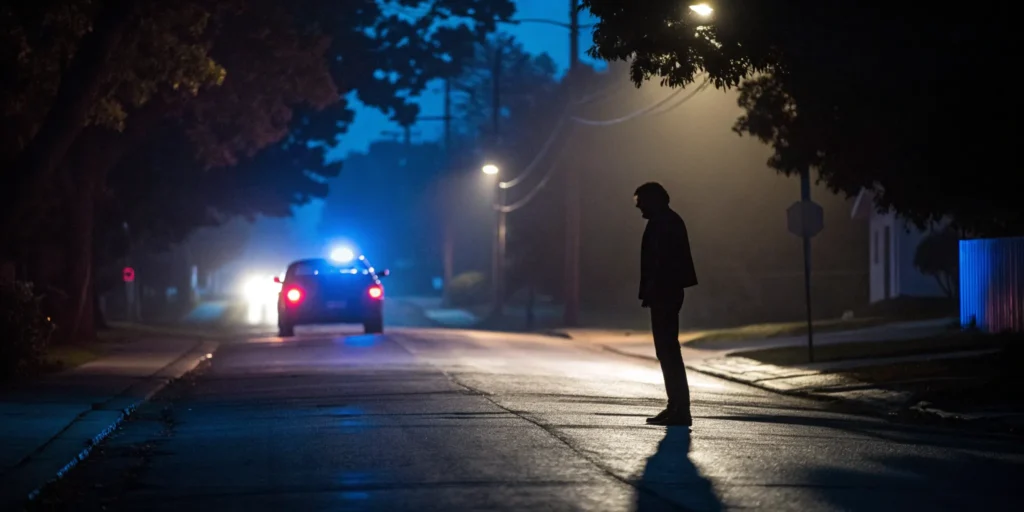 A defense for resisting arrest in Florida, showing a man facing a police car at night.