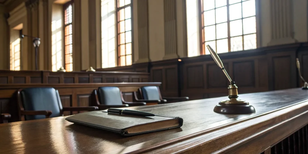 Legal notebook and pen on a desk in a Coral Gables criminal defense courtroom.