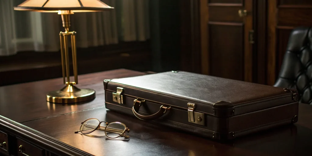 Criminal defense for professionals represented by a briefcase and glasses on a lawyer's desk.