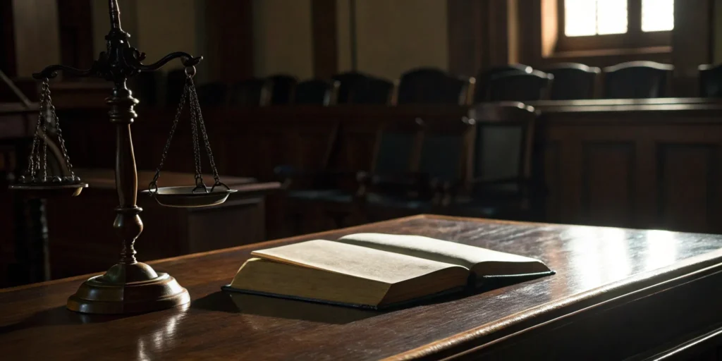Scales of justice and a law book on a courtroom table for a Florida violent crime defense.