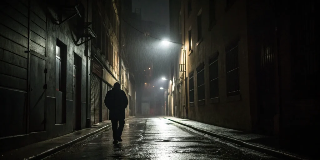 A person in a dark Miami alley facing stalking charges and building a defense.