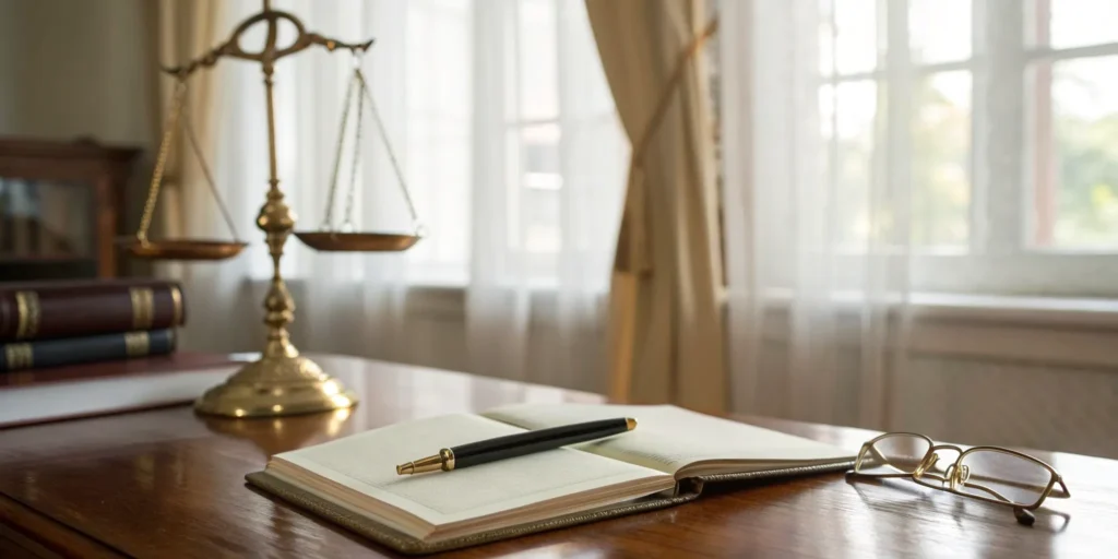 A desk prepared for a Fort Lauderdale criminal defense consultation with scales of justice and legal books.