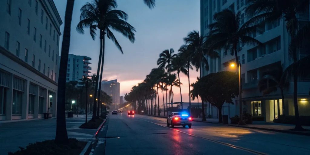 A Miami street with police lights, a common scene for a theft crime lawyer.