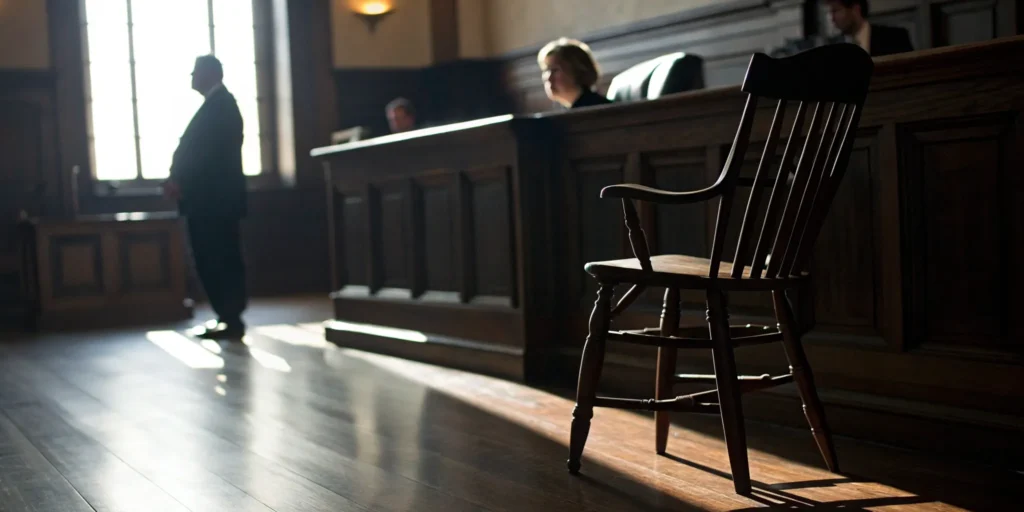 An empty witness chair in a courtroom during a violation of probation hearing.