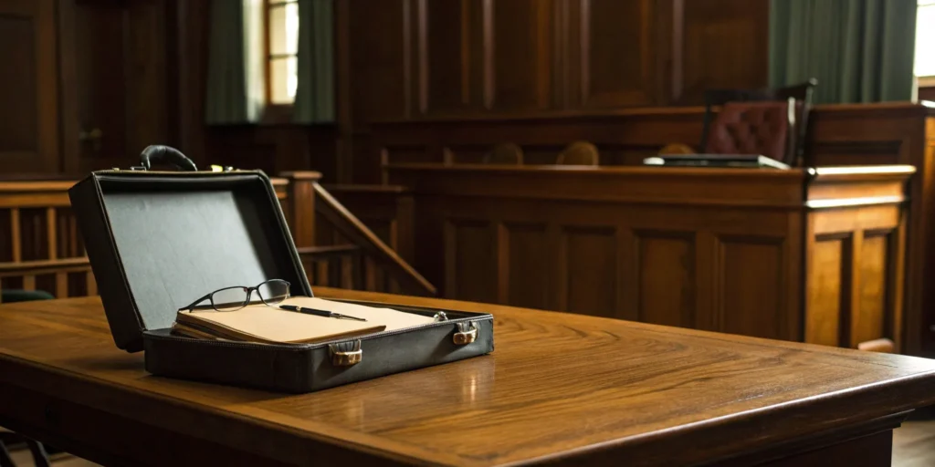 A Miami federal crimes lawyer's briefcase and legal documents on a courtroom table.