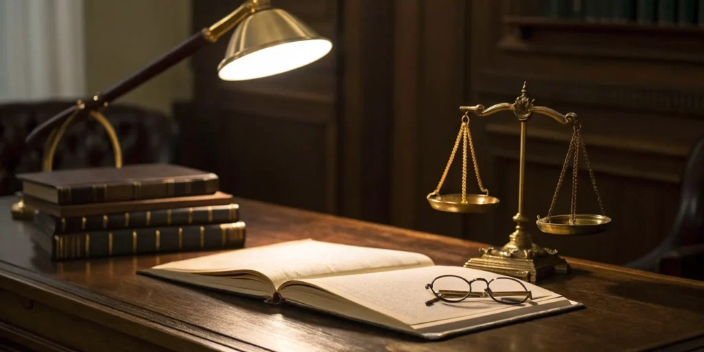 Scales of justice and law books on a desk for legal help with criminal charges.