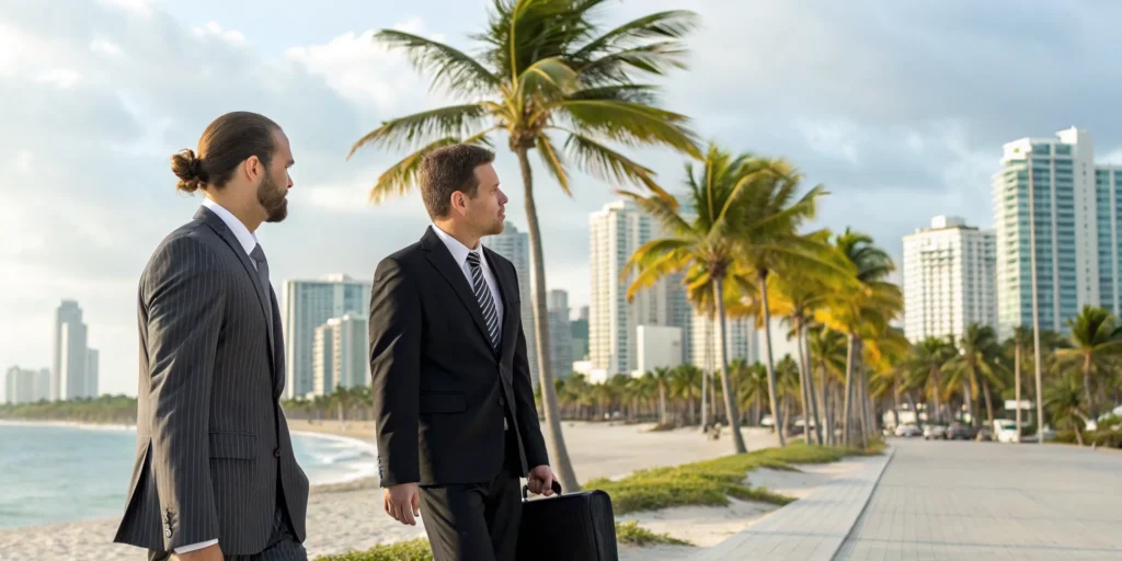 Miami defense lawyer discussing a case with a tourist client on a beach with the city skyline.